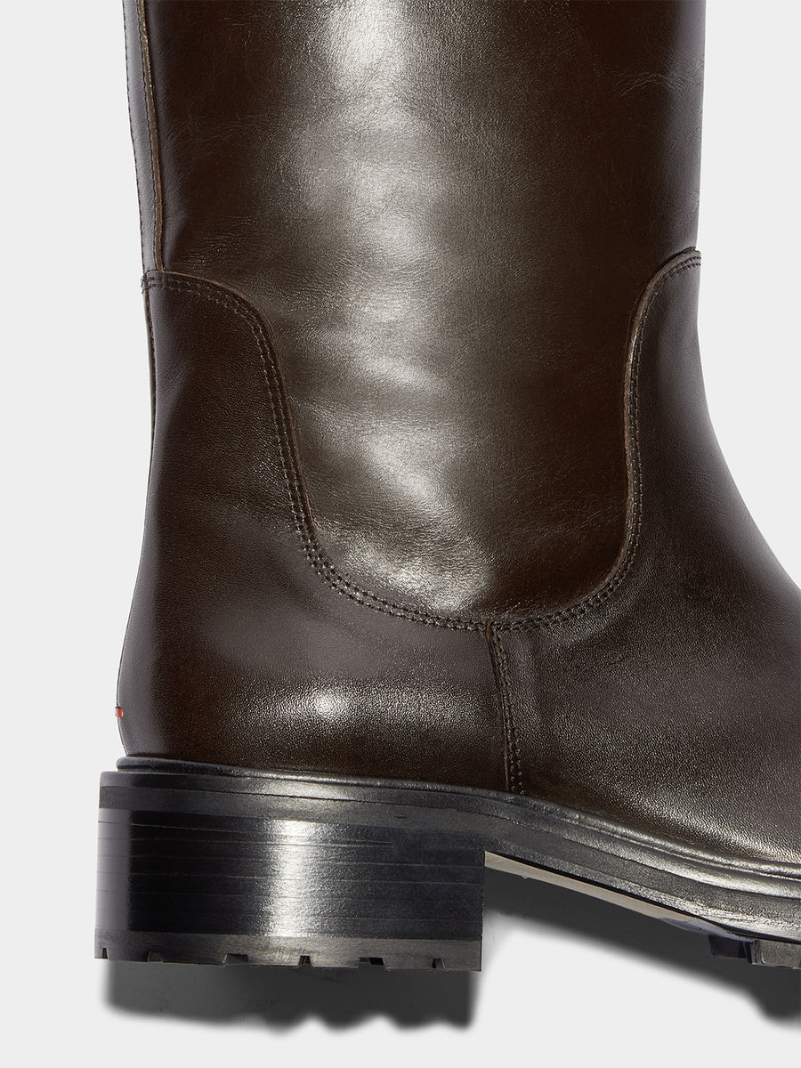 Aeyde | Henry Leather Knee High Boots for Women | Moka Calf | Round Toe | Low Heel | Heel Details [x=50,y=40]