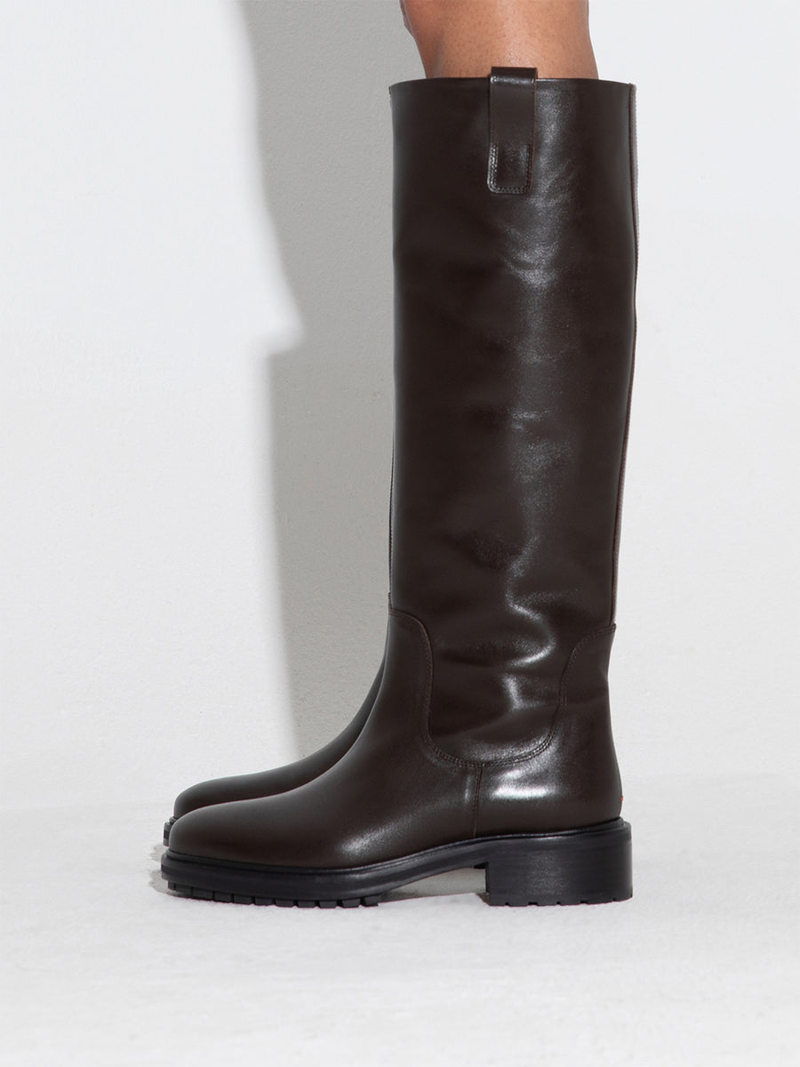 Aeyde | Henry Leather Knee High Boots for Women | Moka Calf | Round Toe | Low Heel | How to Style [x=50,y=40]