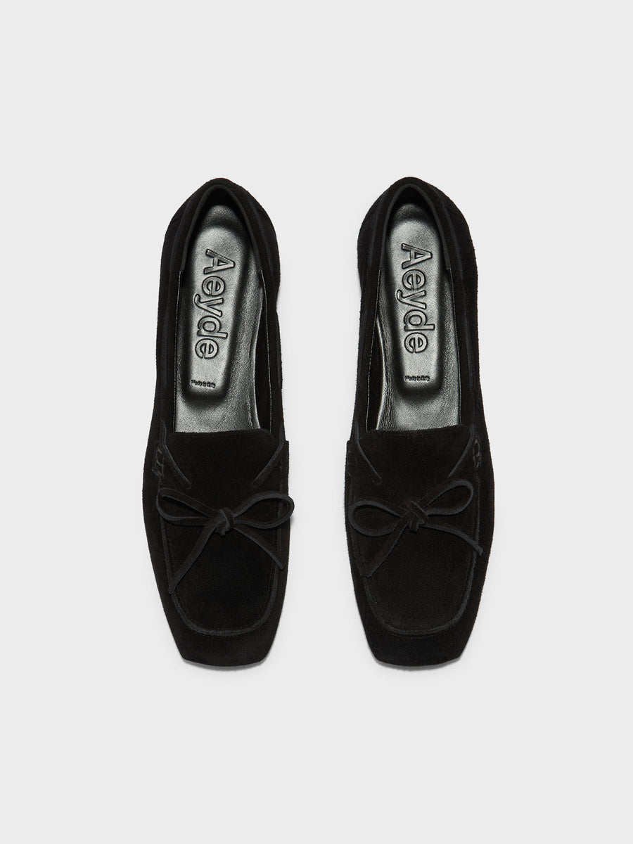 Aeyde | Jasper Leather Flats for Women | Black Suede | Round Toe | Flat Heel | Front View