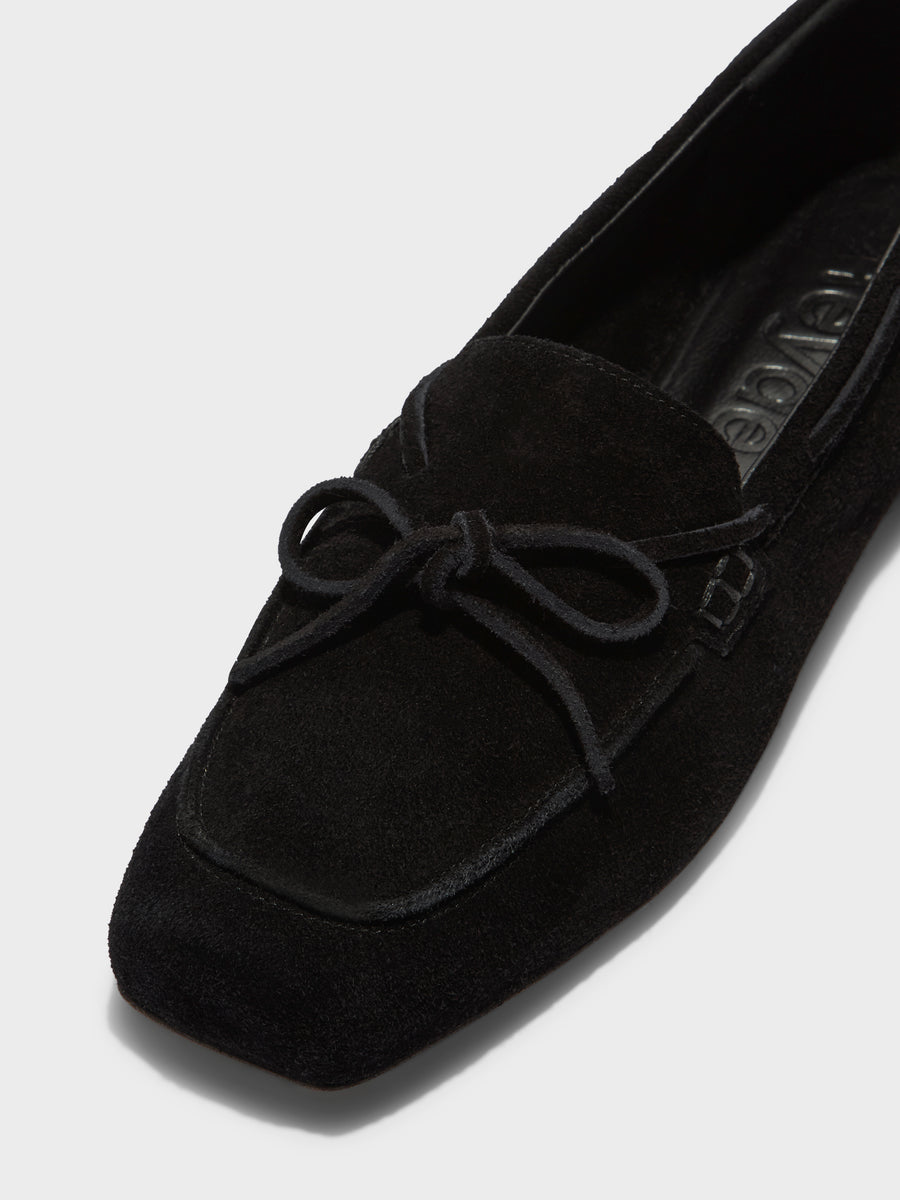 Aeyde | Jasper Leather Flats for Women | Black Suede | Round Toe | Flat Heel | Heel Details