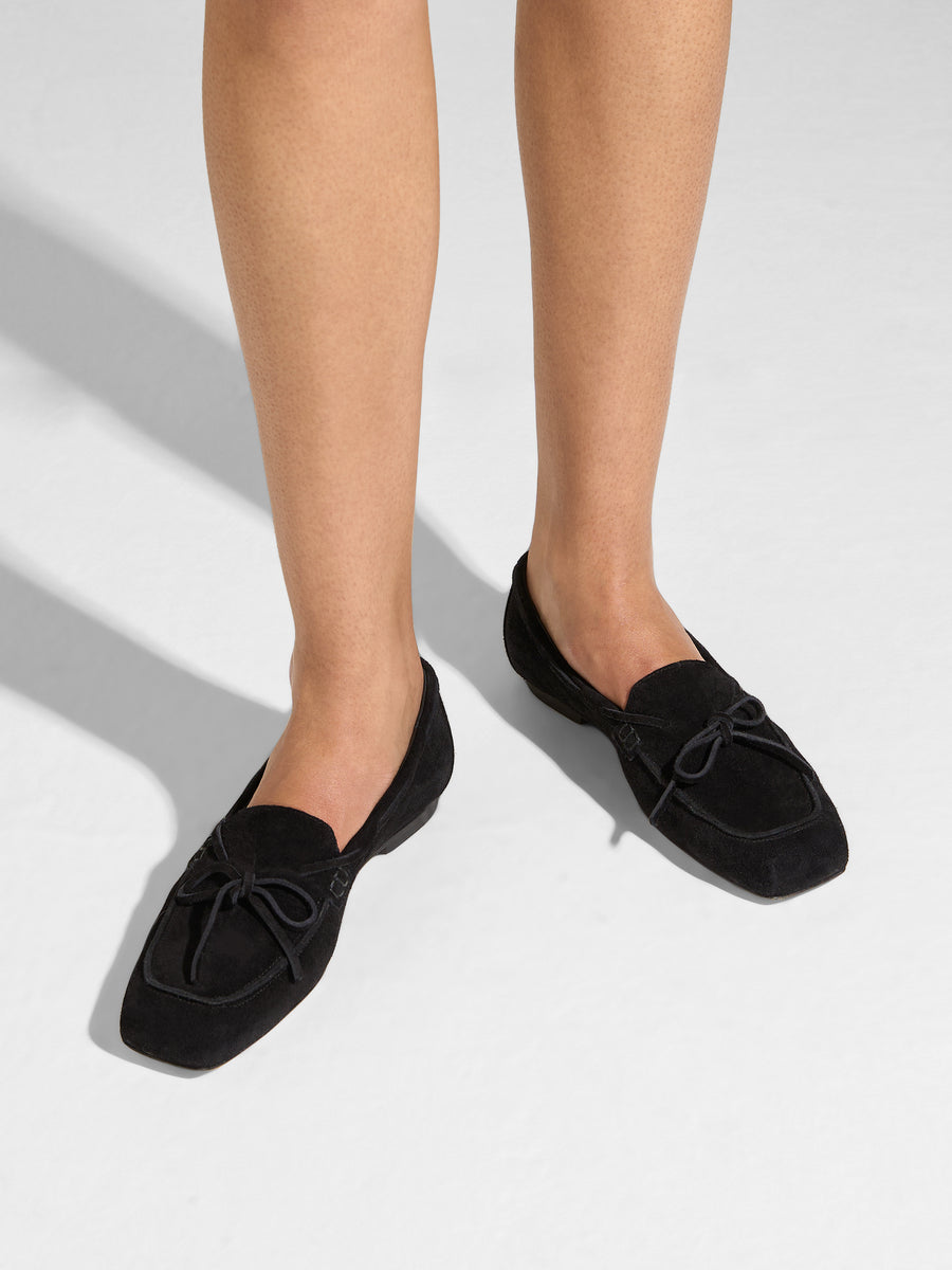 Aeyde | Jasper Leather Flats for Women | Black Suede | Round Toe | Flat Heel | On Feet