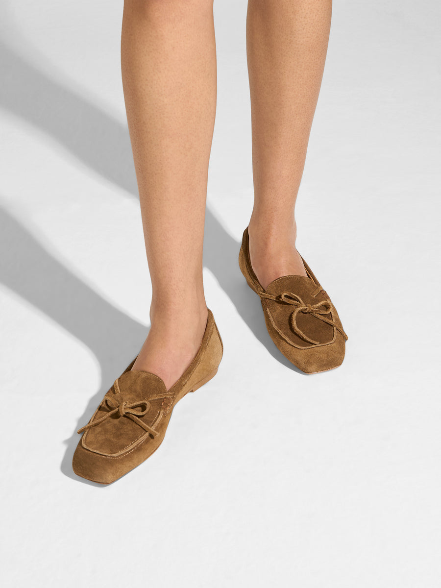 Aeyde | Jasper Leather Flats for Women | Tobacco Suede | Round Toe | Flat Heel | On Feet