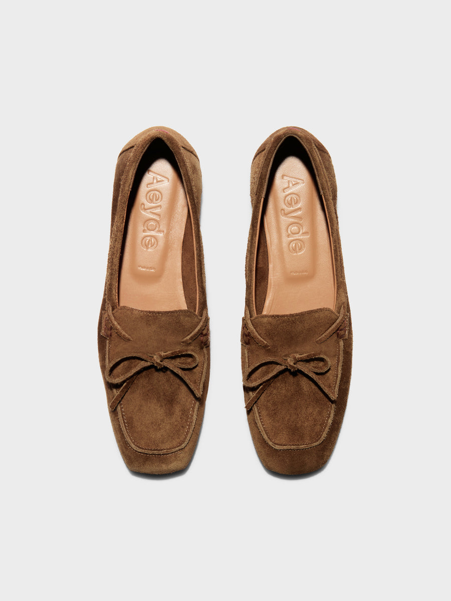 Aeyde | Jasper Leather Flats for Women | Tobacco Suede | Round Toe | Flat Heel | Front View