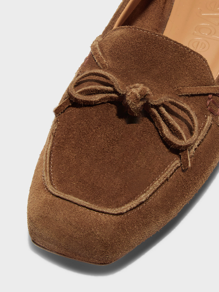 Aeyde | Jasper Leather Flats for Women | Tobacco Suede | Round Toe | Flat Heel | Heel Details