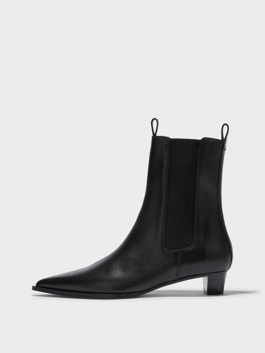Aeyde | Kiki Leather Ankle Boots for Women | Black Calf | Pointed Toe | Low Heel | Side View