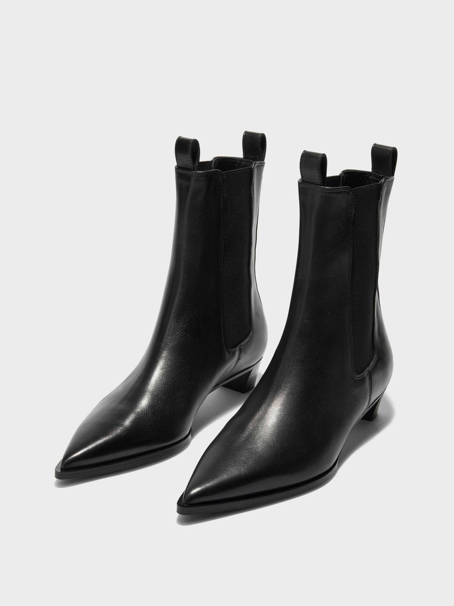 Aeyde | Kiki Leather Ankle Boots for Women | Black Calf | Pointed Toe | Low Heel | On Feet