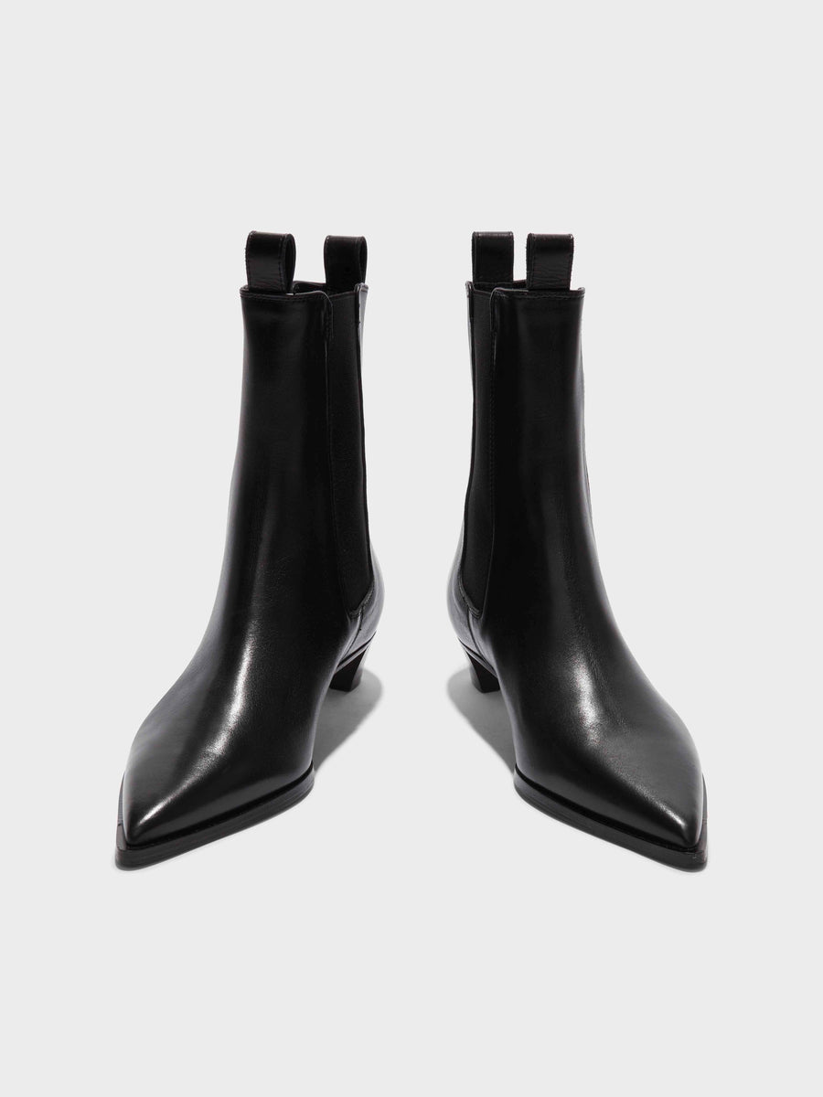 Aeyde | Kiki Leather Ankle Boots for Women | Black Calf | Pointed Toe | Low Heel | Front View