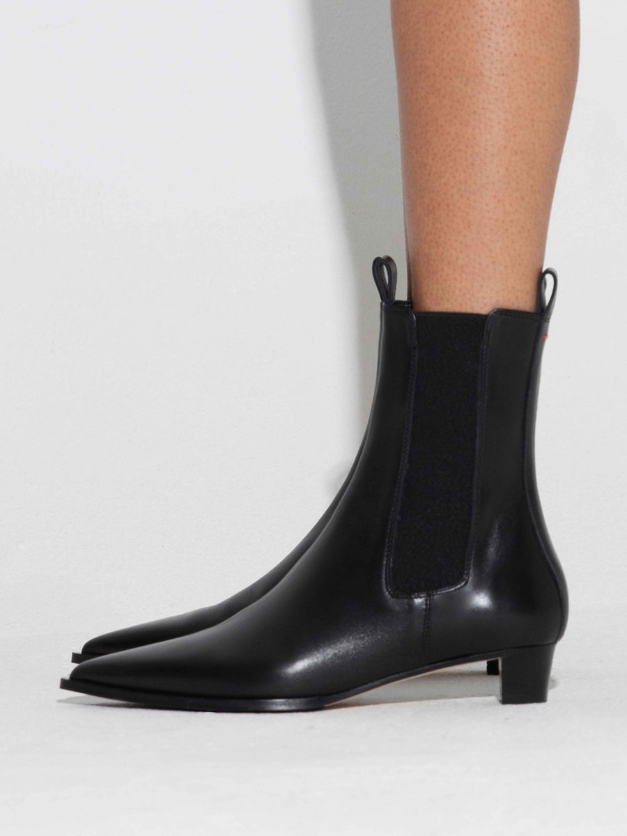 Aeyde | Kiki Leather Ankle Boots for Women | Black Calf | Pointed Toe | Low Heel | How to Style
