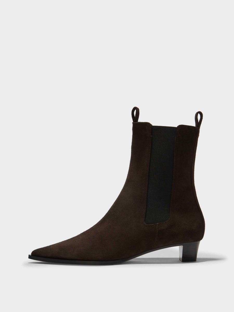 Aeyde | Kiki Leather Ankle Boots for Women | Moka Suede | Pointed Toe | Low Heel | Side View