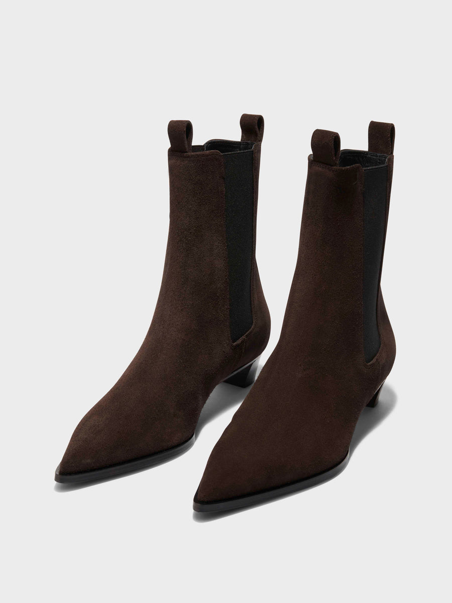 Aeyde | Kiki Leather Ankle Boots for Women | Moka Suede | Pointed Toe | Low Heel | On Feet [x=50,y=42]