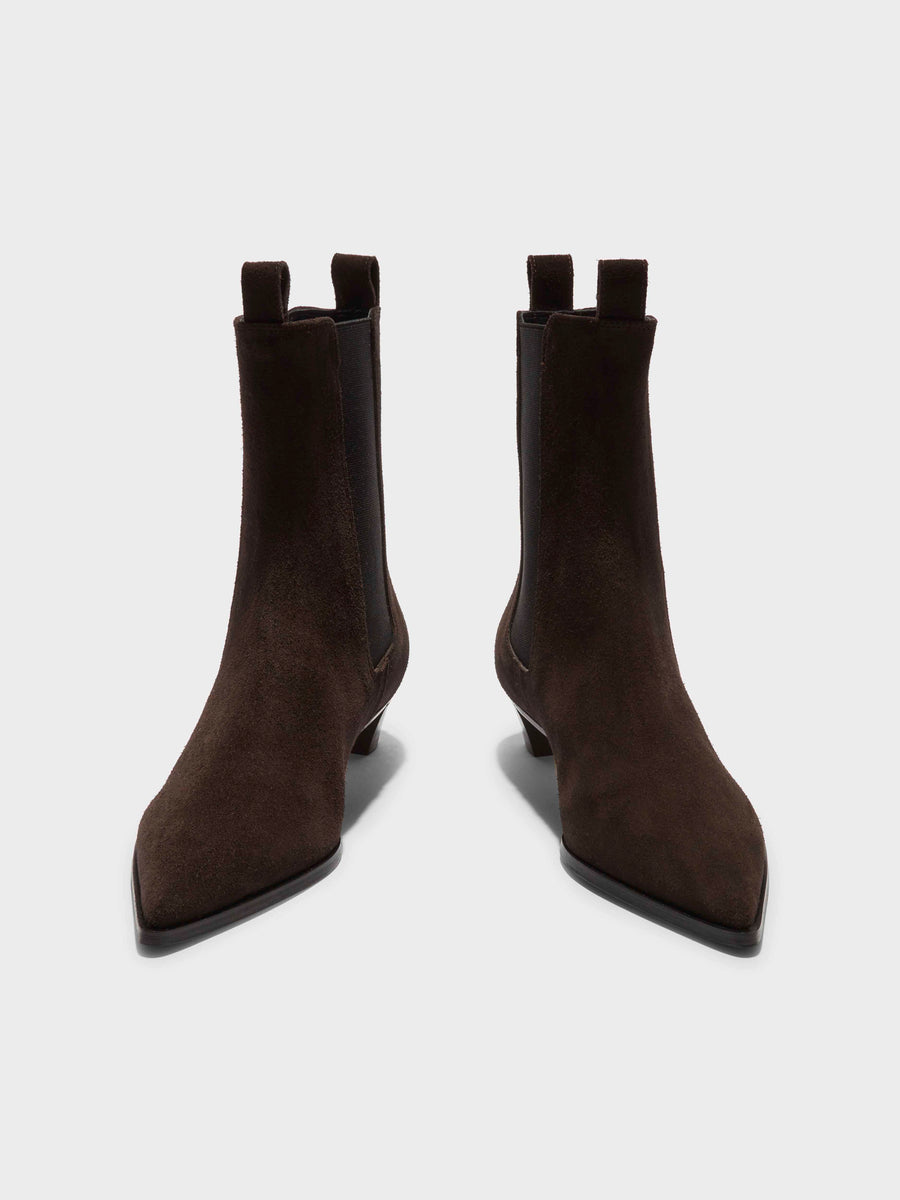 Aeyde | Kiki Leather Ankle Boots for Women | Moka Suede | Pointed Toe | Low Heel | Front View [x=50,y=42]