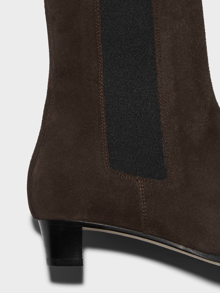 Aeyde | Kiki Leather Ankle Boots for Women | Moka Suede | Pointed Toe | Low Heel | Heel Details [x=50,y=42]