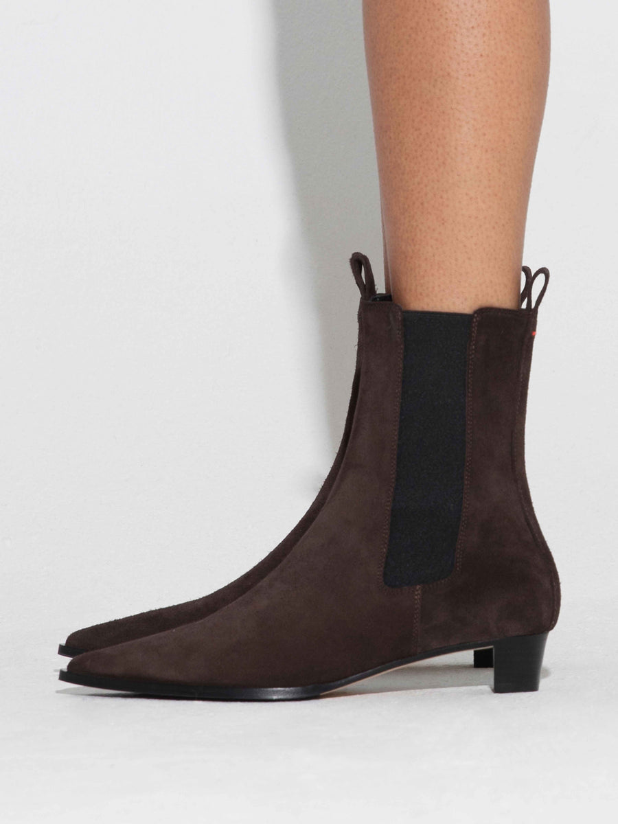 Aeyde | Kiki Leather Ankle Boots for Women | Moka Suede | Pointed Toe | Low Heel | How to Style [x=50,y=42]