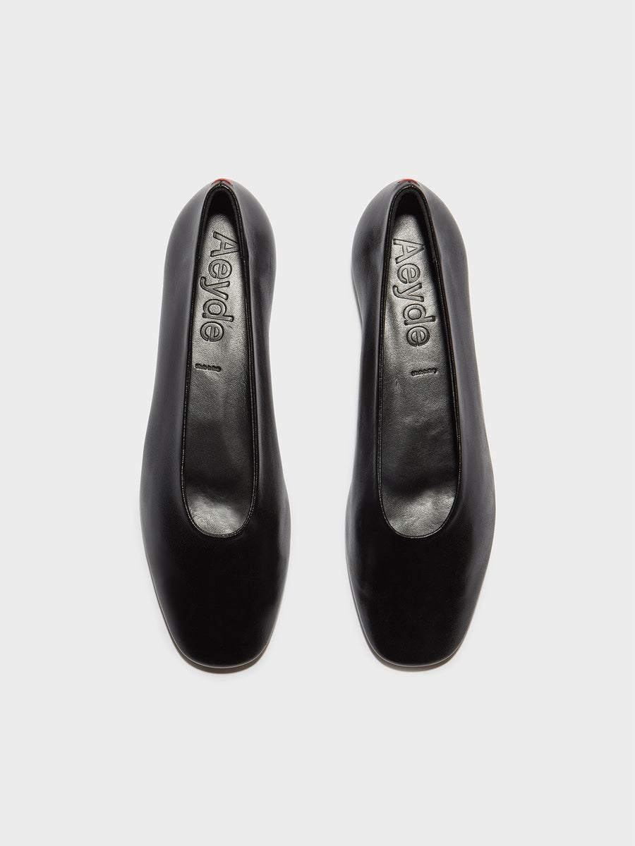 Aeyde | Kirsten Leather Flats for Women | Black Nappa | Round Toe | Flat Heel | Front View [x=50,y=85]