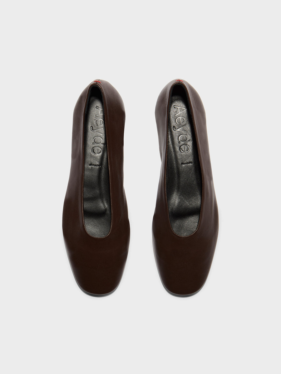 Aeyde | Kirsten Leather Flats for Women | Moka Nappa | Round Toe | Flat Heel | Front View [x=50,y=85]