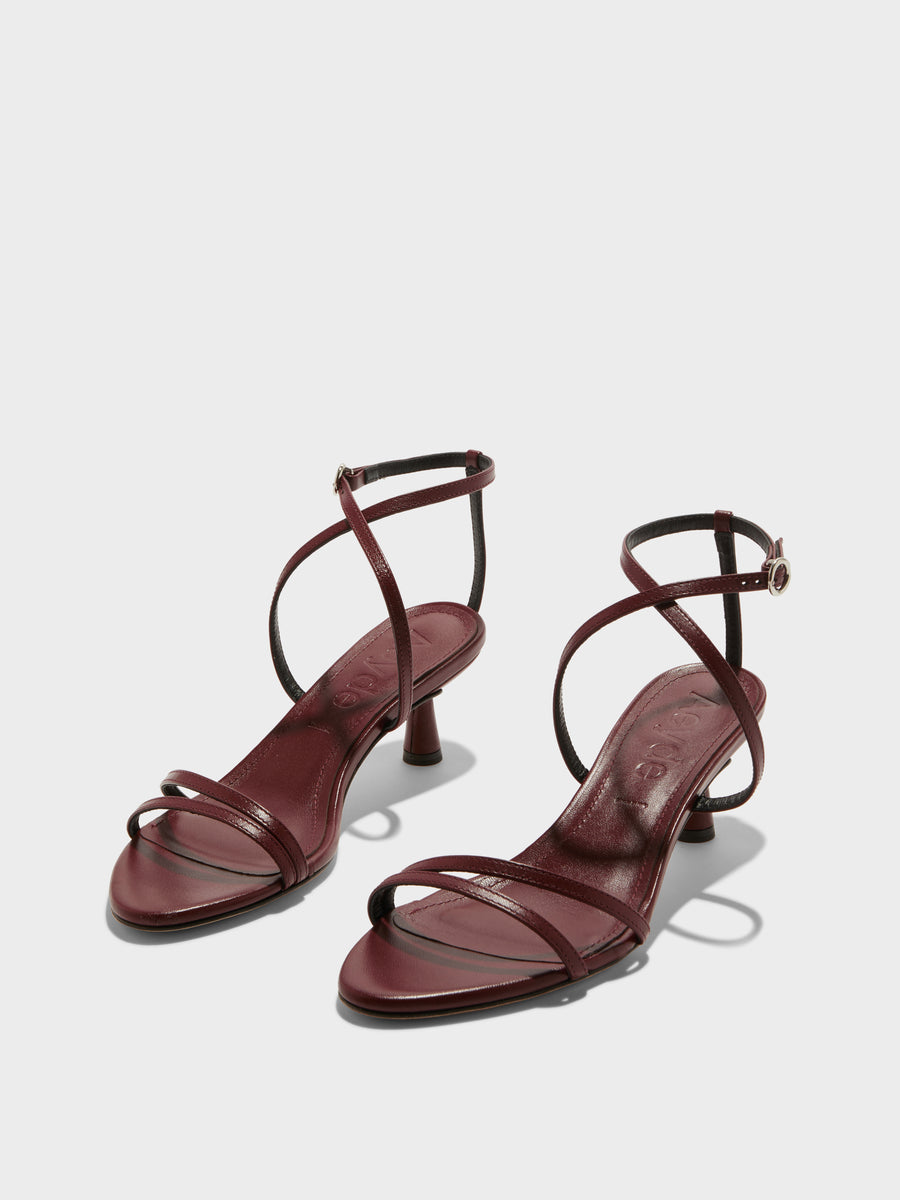 Aeyde | Maeve Leather Heeled Sandals for Women | Port Nappa | Round Toe | Mid Heel | On Feet [x=50,y=85]