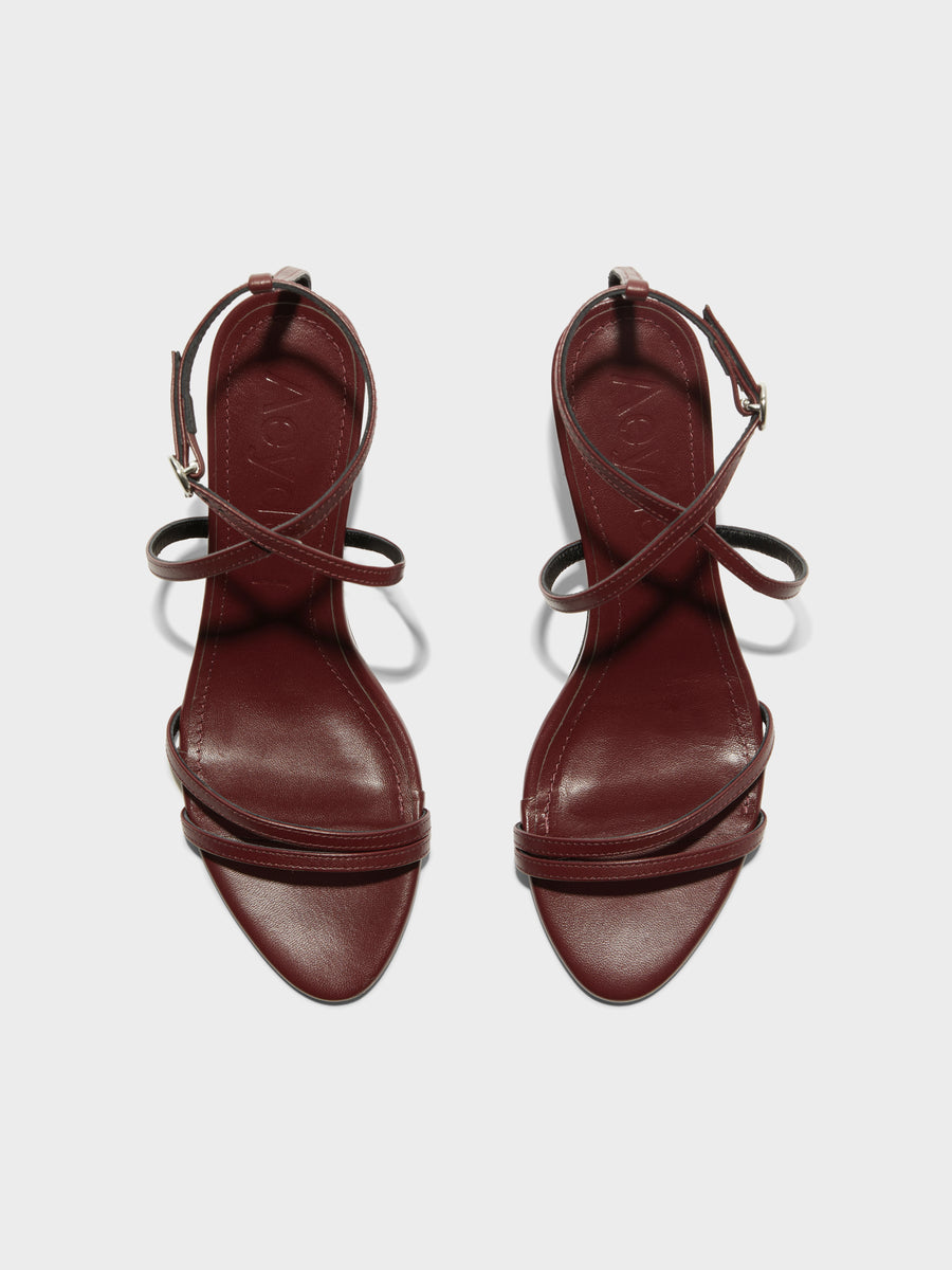 Aeyde | Maeve Leather Heeled Sandals for Women | Port Nappa | Round Toe | Mid Heel | Front View [x=50,y=85]