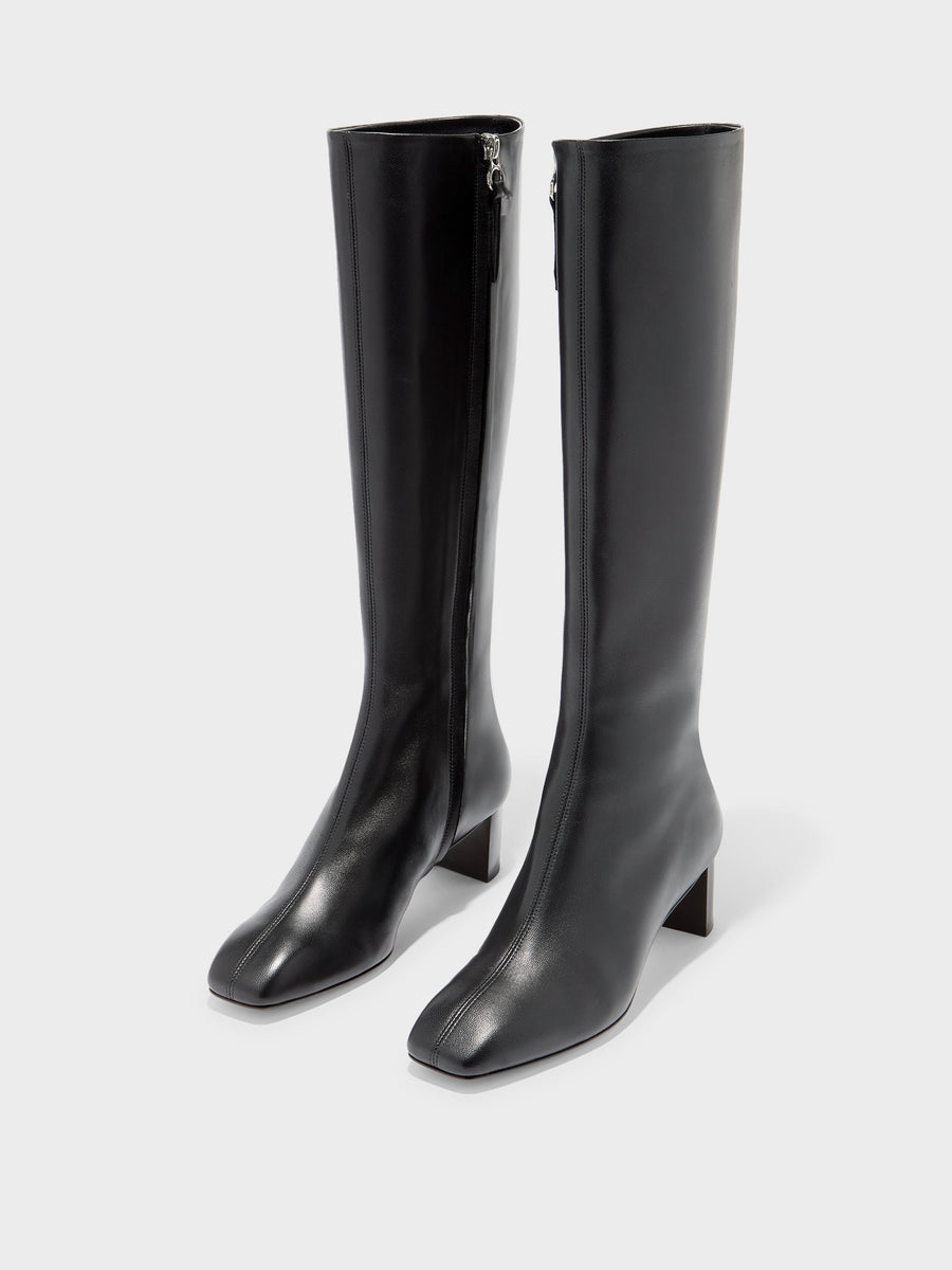 Aeyde | Marty Leather Knee High Boots for Women | Black Nappa | Square Toe | Low Heel | Luxury Materials | Handmade in Italy