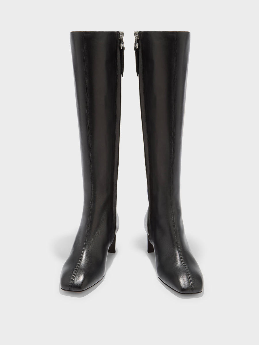 Aeyde | Marty Leather Knee High Boots for Women | Black Nappa | Square Toe | Low Heel | Front View