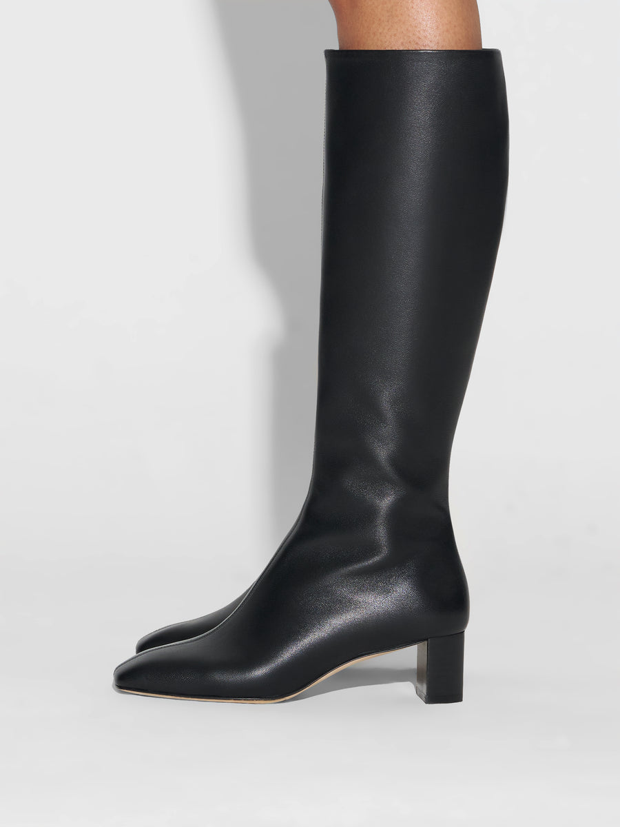 Aeyde | Marty Leather Knee High Boots for Women | Black Nappa | Square Toe | Low Heel | How to Style