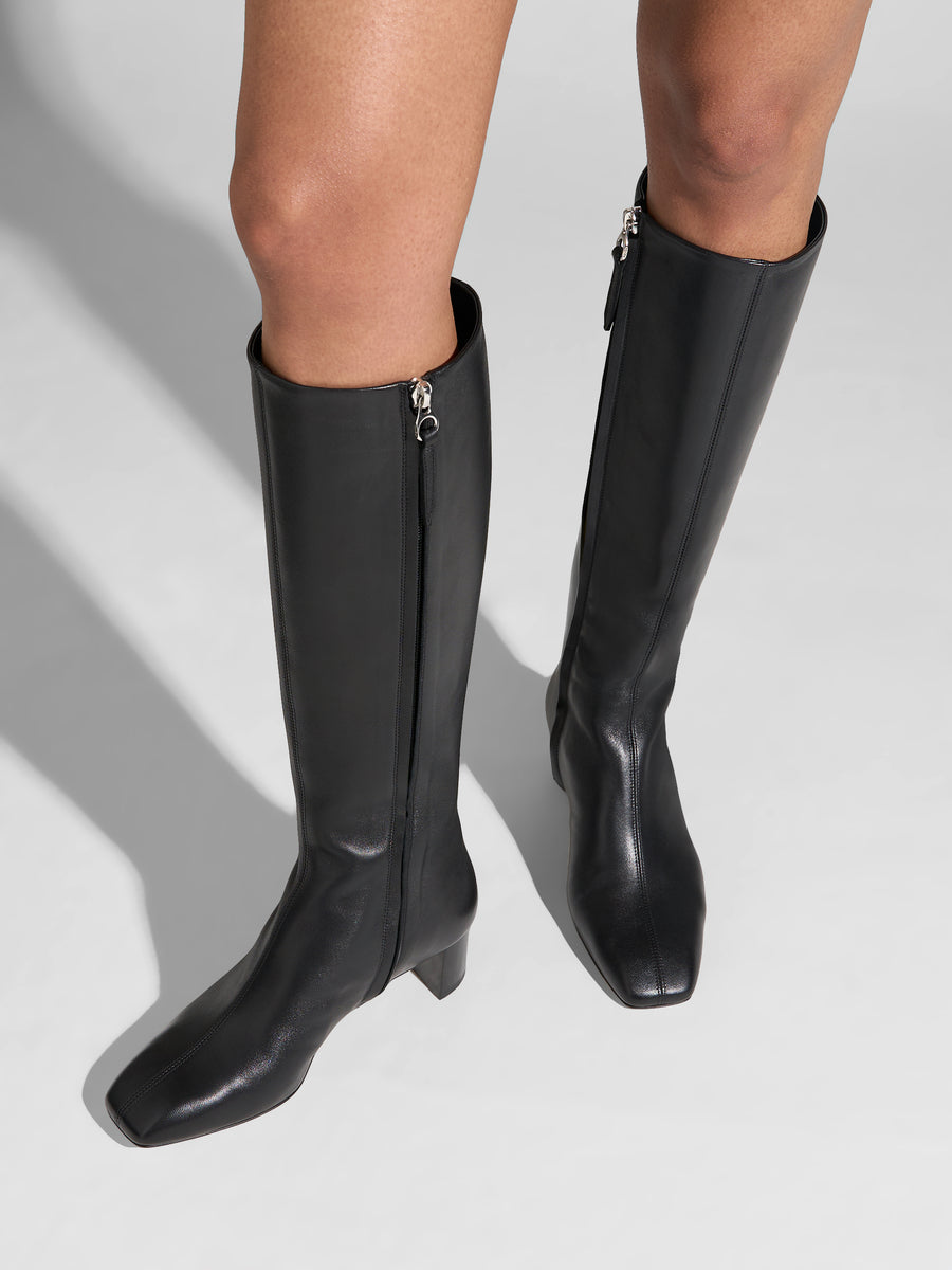 Aeyde | Marty Leather Knee High Boots for Women | Black Nappa | Square Toe | Low Heel | On Feet