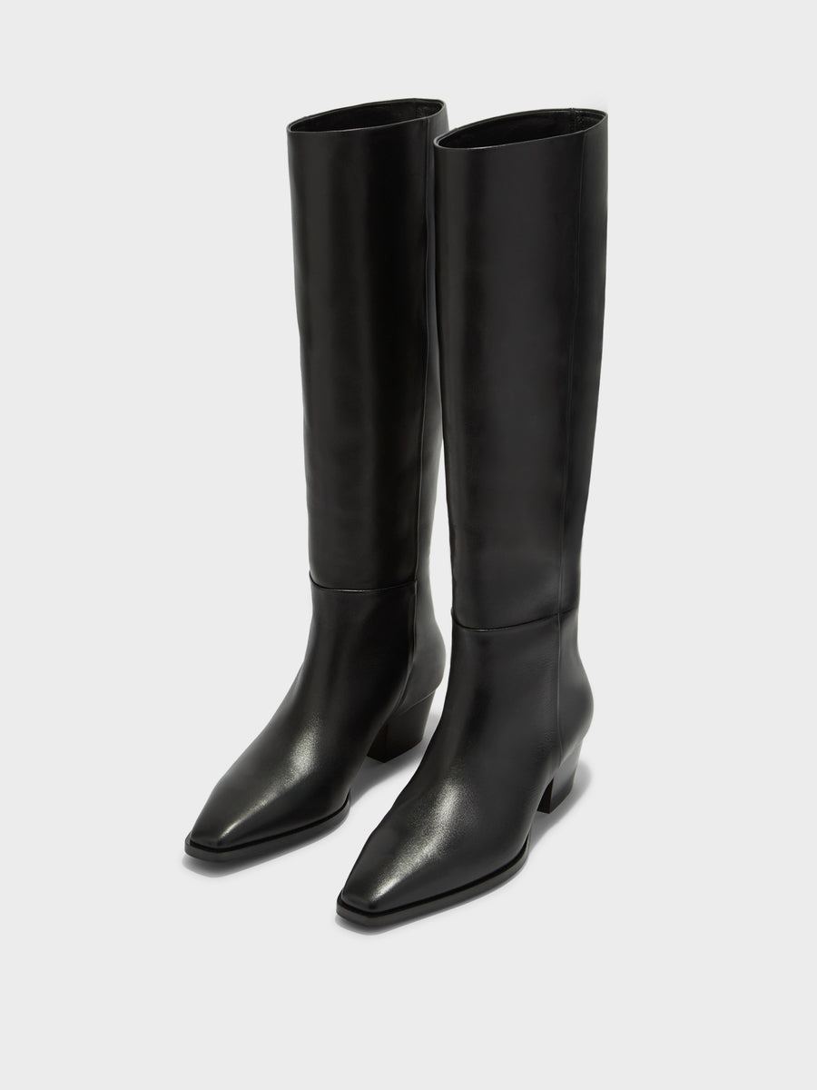 Aeyde | Medea Leather Knee High Boots for Women | Black Calf | Pointed Toe | Low Heel | Luxury Materials | Handmade in Italy