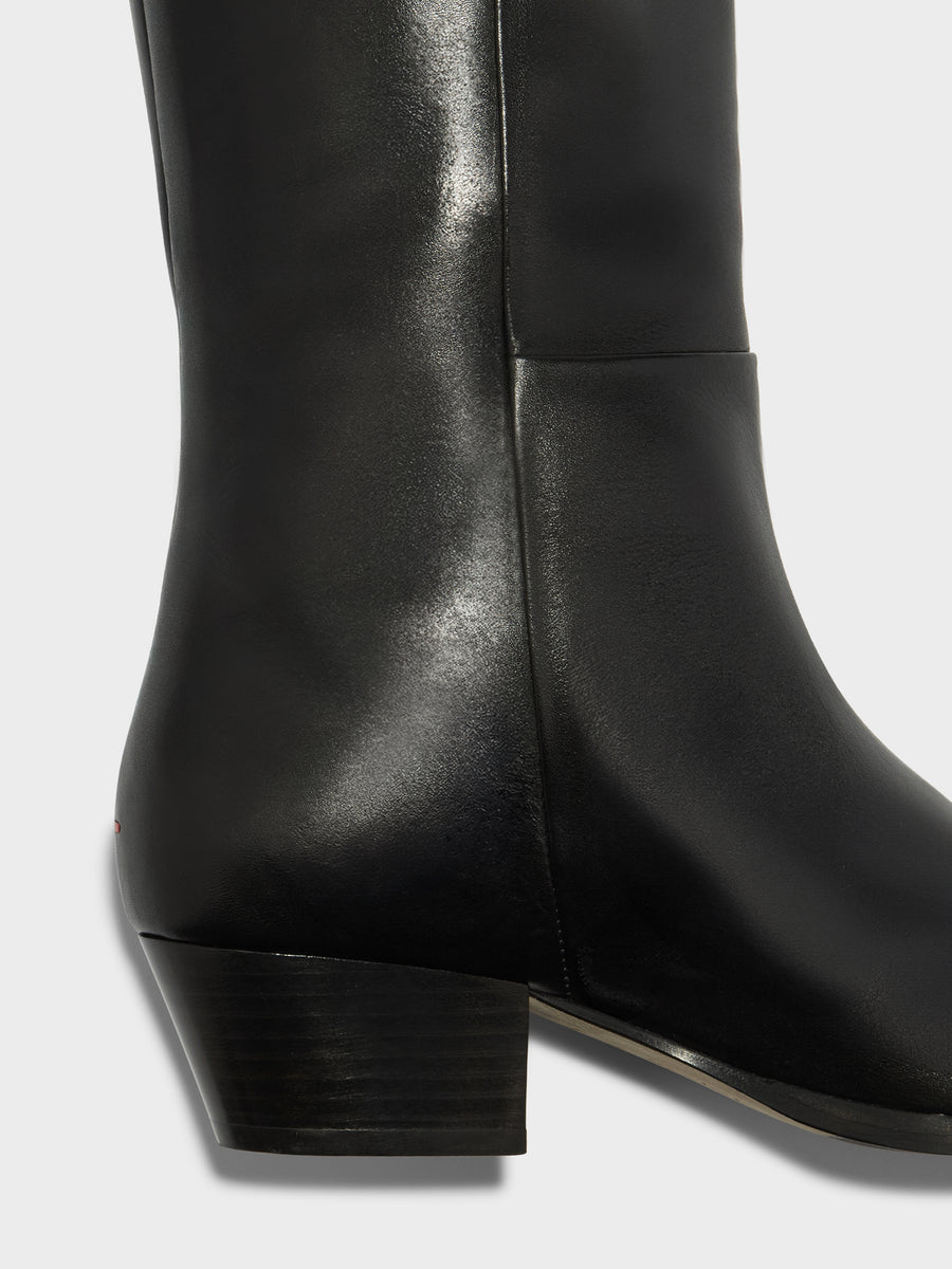 Aeyde | Medea Leather Knee High Boots for Women | Black Calf | Pointed Toe | Low Heel | Heel Details