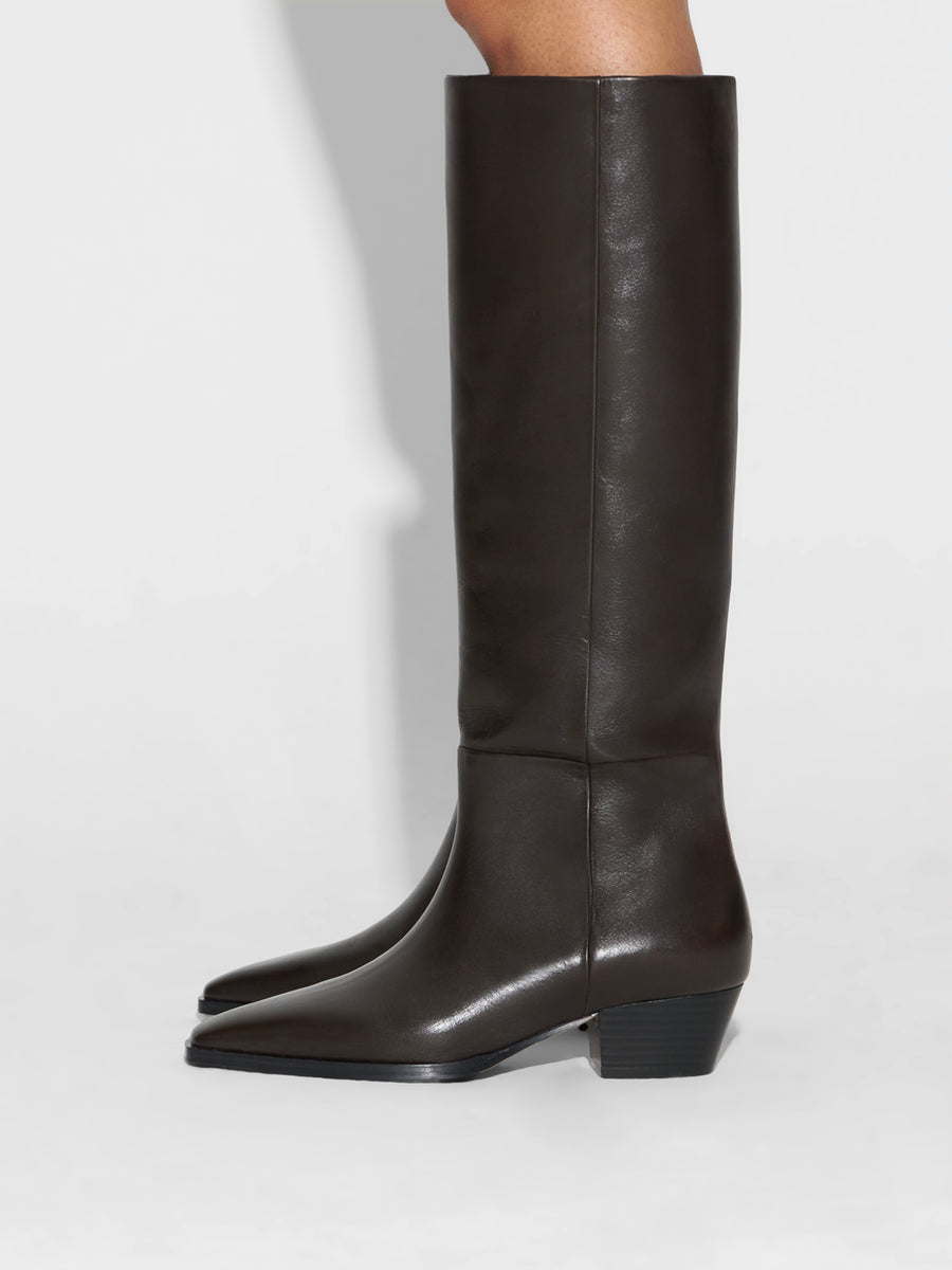 Aeyde | Medea Leather Knee High Boots for Women | Moka Calf | Pointed Toe | Low Heel | How to Style