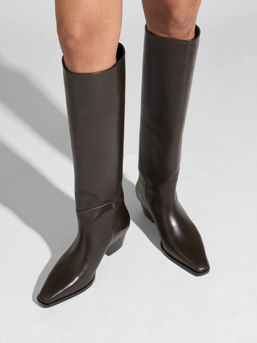 Aeyde | Medea Leather Knee High Boots for Women | Moka Calf | Pointed Toe | Low Heel | On Feet