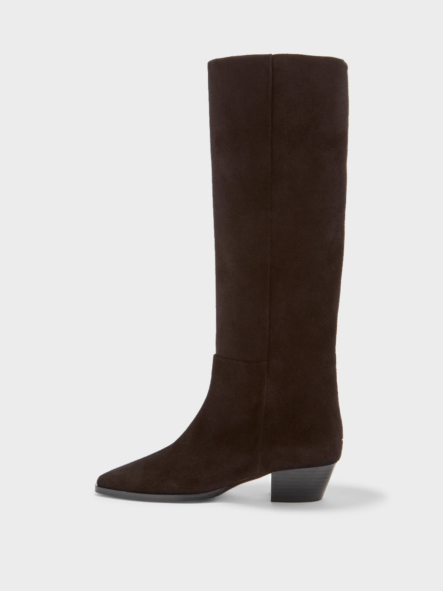 Aeyde | Medea Leather Knee High Boots for Women | Moka Suede | Pointed Toe | Low Heel | Side View