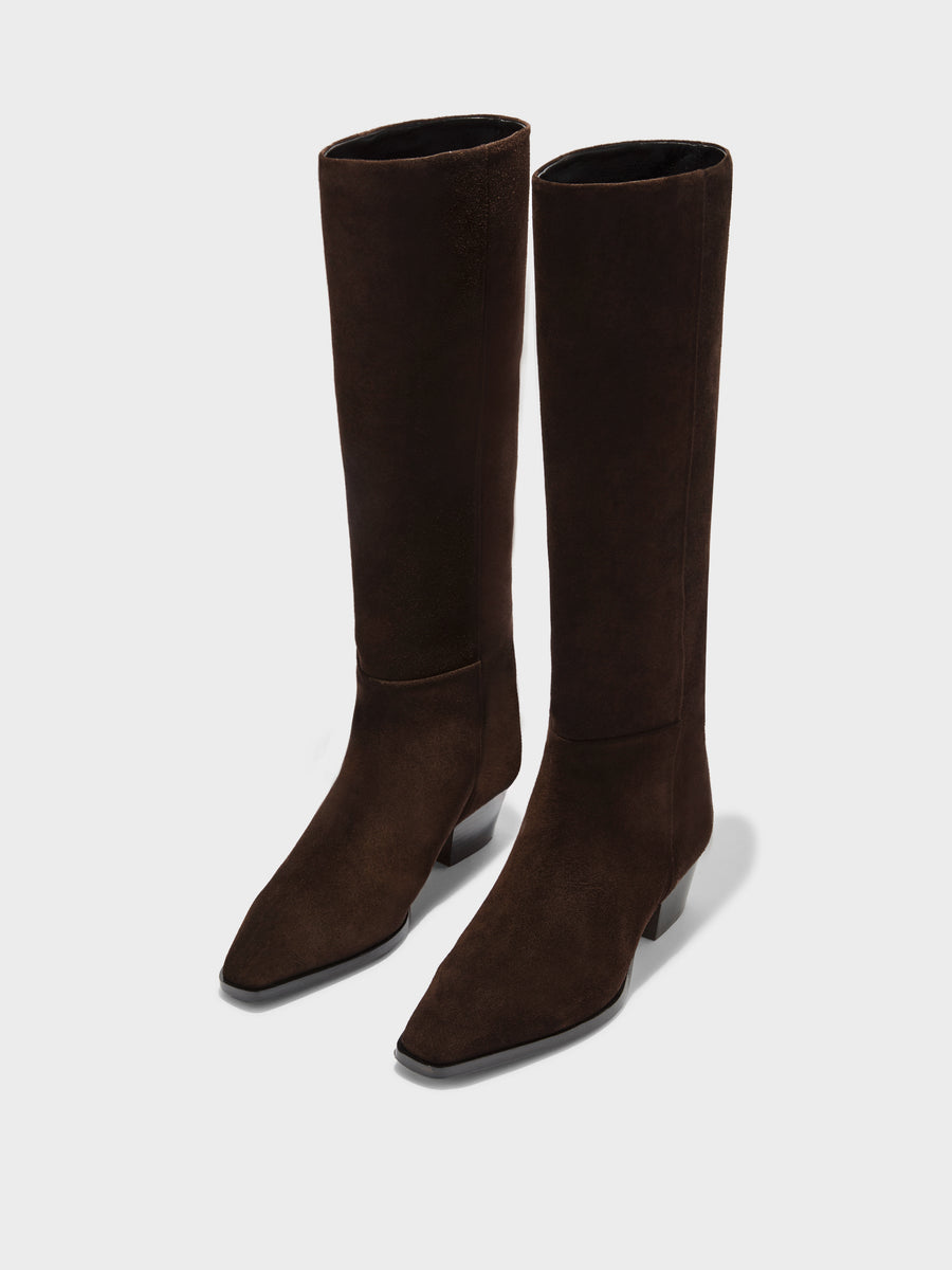 Aeyde | Medea Leather Knee High Boots for Women | Moka Suede | Pointed Toe | Low Heel | Luxury Materials | Handmade in Italy