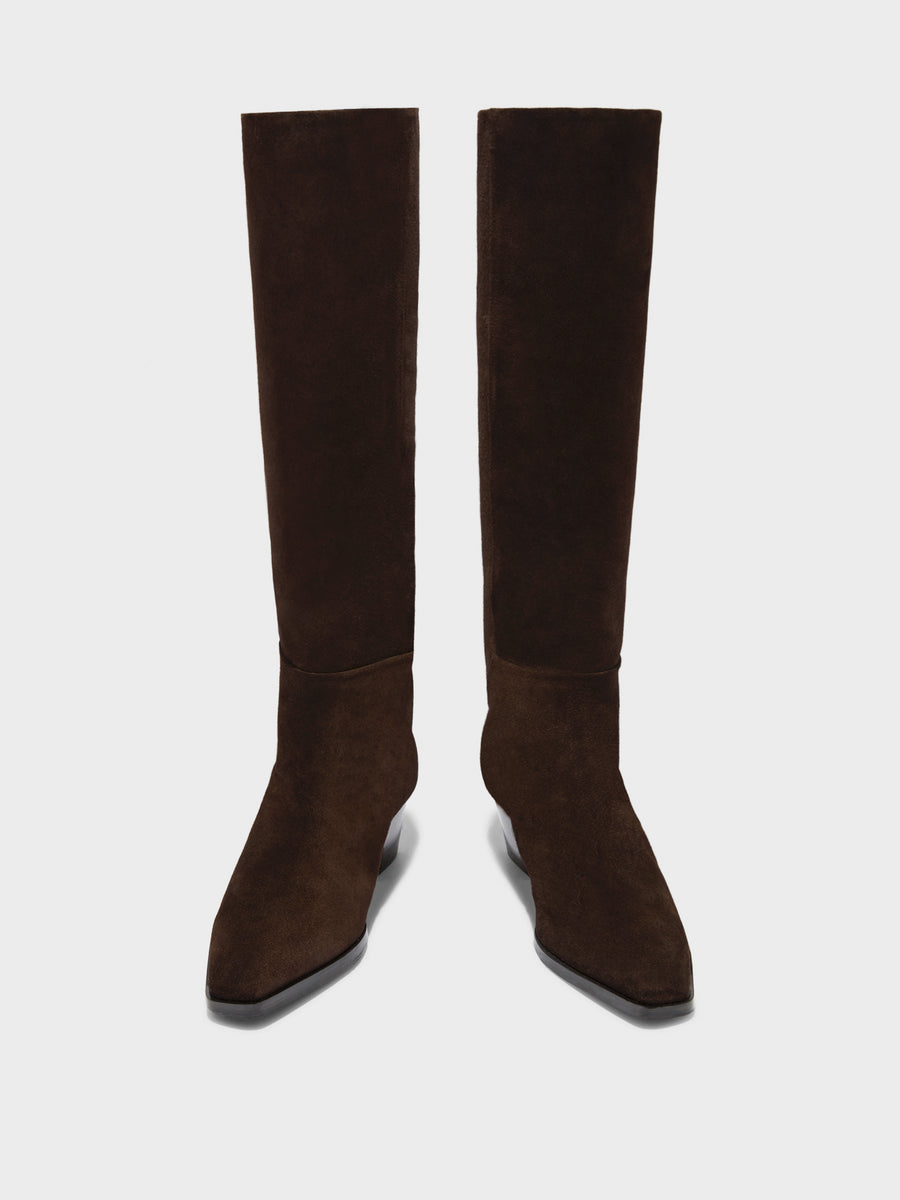 Aeyde | Medea Leather Knee High Boots for Women | Moka Suede | Pointed Toe | Low Heel | Front View