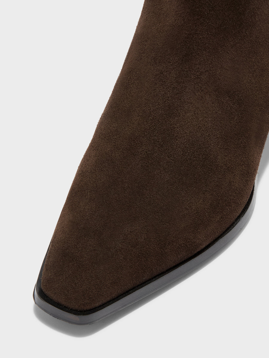 Aeyde | Medea Leather Knee High Boots for Women | Moka Suede | Pointed Toe | Low Heel | Heel Details