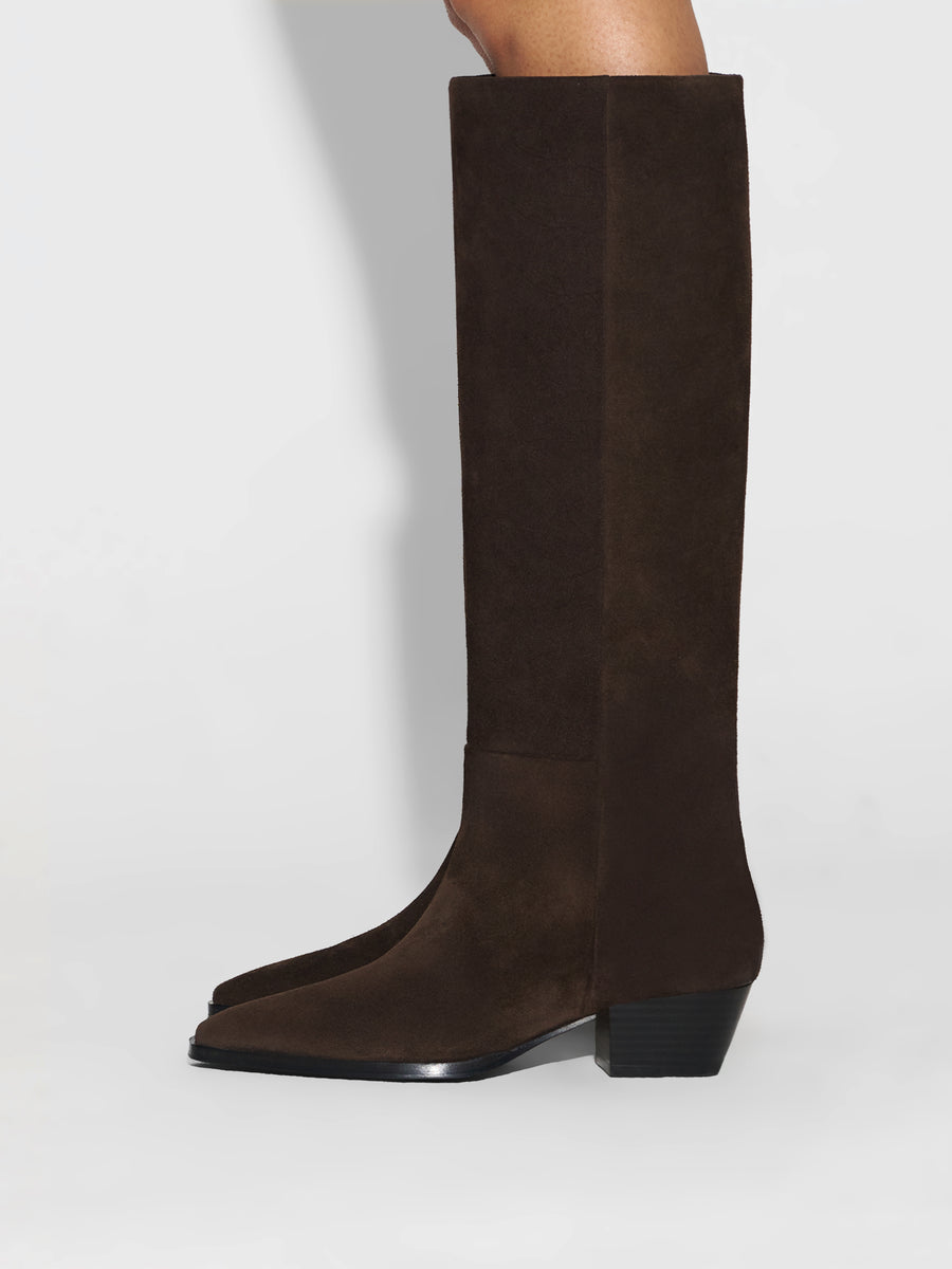 Aeyde | Medea Leather Knee High Boots for Women | Moka Suede | Pointed Toe | Low Heel | How to Style