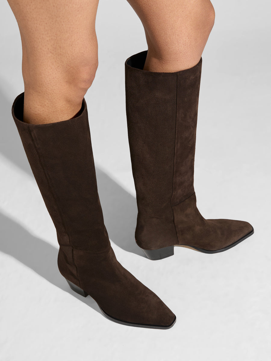 Aeyde | Medea Leather Knee High Boots for Women | Moka Suede | Pointed Toe | Low Heel | On Feet