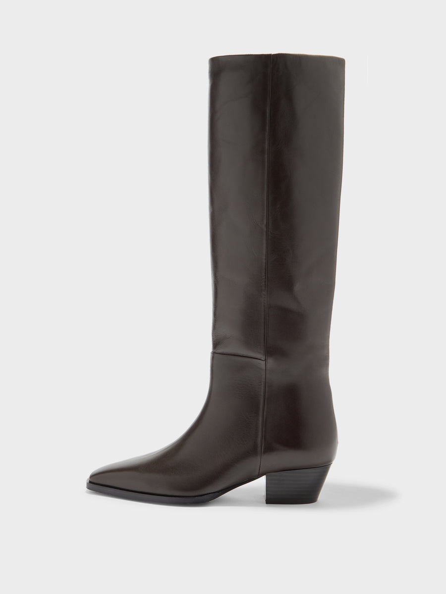 Aeyde | Medea Leather Knee High Boots for Women | Moka Calf | Pointed Toe | Low Heel | Side View