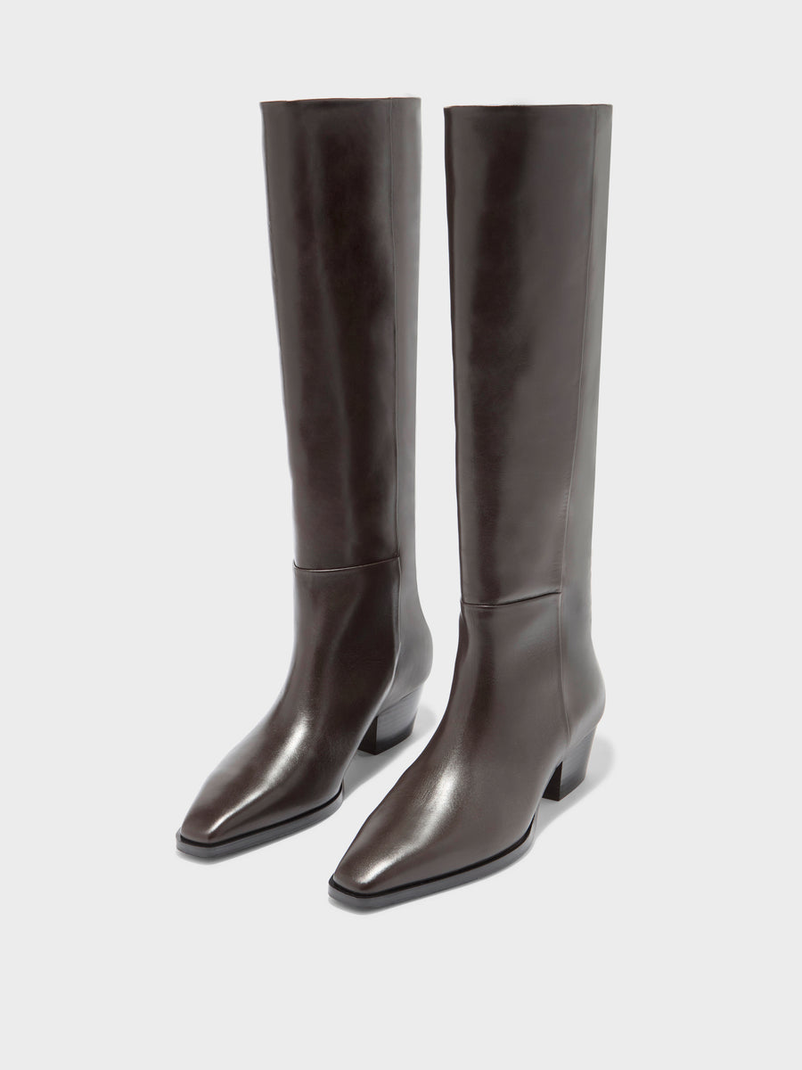 Aeyde | Medea Leather Knee High Boots for Women | Moka Calf | Pointed Toe | Low Heel | Luxury Materials | Handmade in Italy