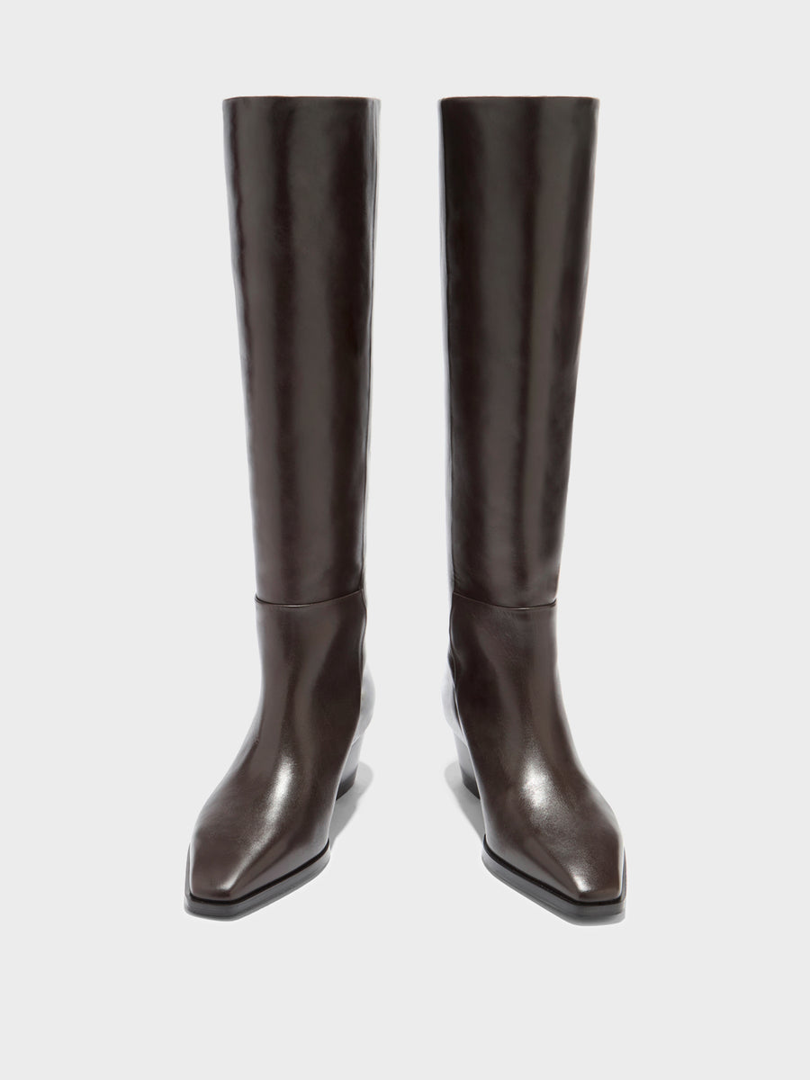 Aeyde | Medea Leather Knee High Boots for Women | Moka Calf | Pointed Toe | Low Heel | Front View