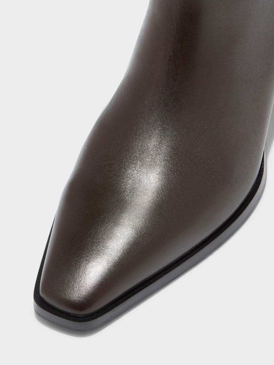 Aeyde | Medea Leather Knee High Boots for Women | Moka Calf | Pointed Toe | Low Heel | Heel Details