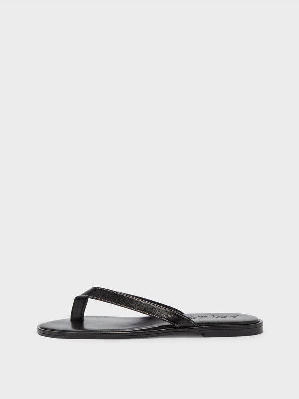 Aeyde | Melody Leather Flat Sandals for Women | Black Nappa | Round Toe | Flat Heel | Side View [x=50,y=85]