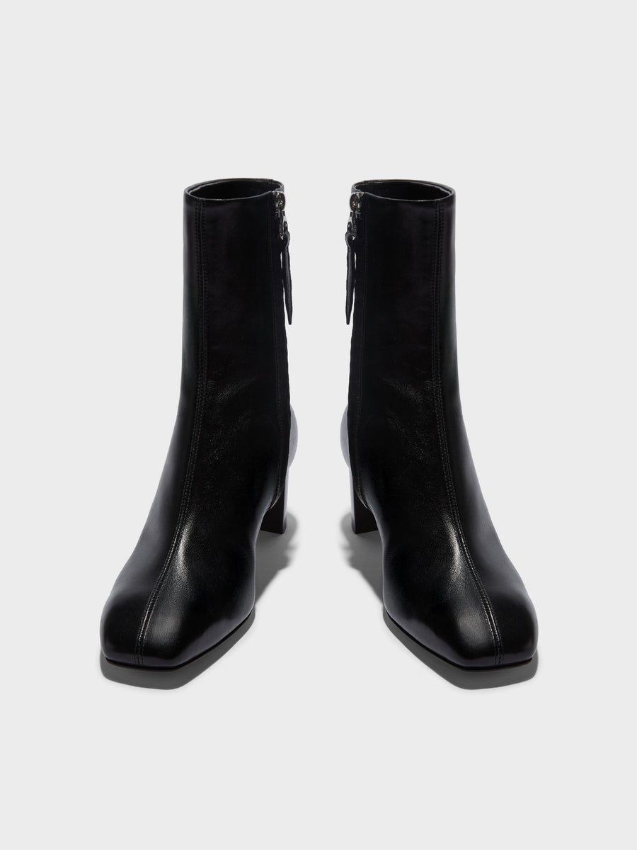 Aeyde | Millie Leather Ankle Boots for Women | Black Nappa | Square Toe | Low Heel | Front View