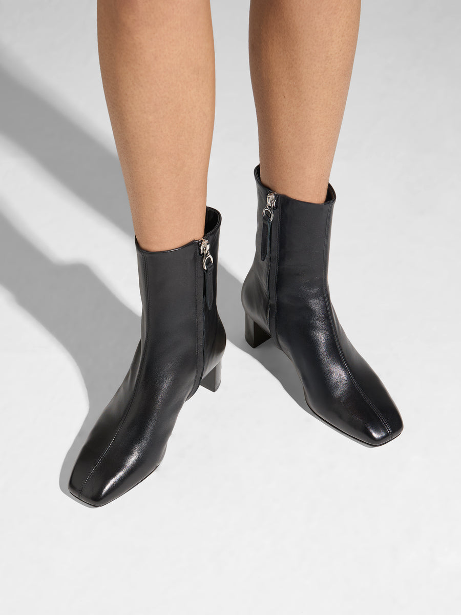 Aeyde | Millie Leather Ankle Boots for Women | Black Nappa | Square Toe | Low Heel | On Feet
