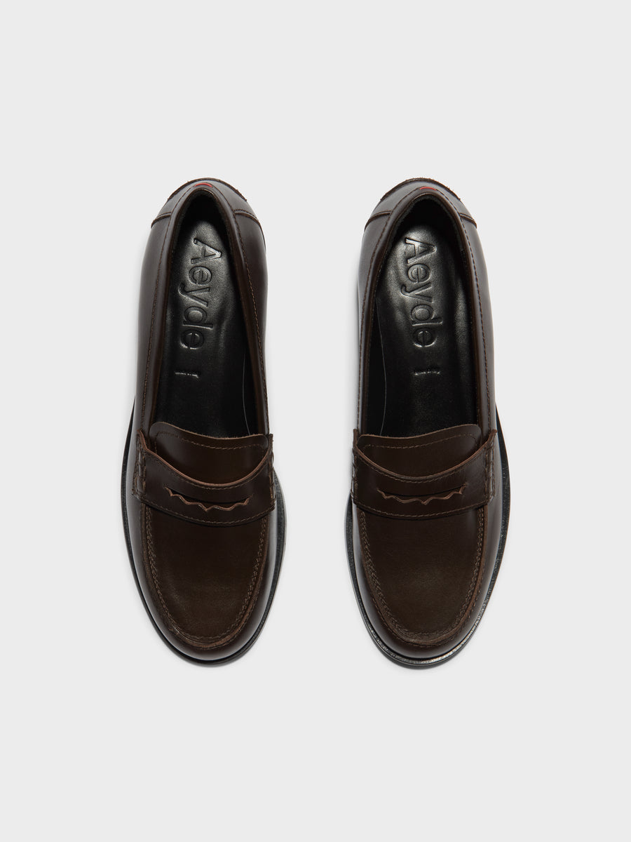 Aeyde | Oscar Leather Flats for Women | Moka Calf | Round Toe | Flat Heel | Front View [x=50,y=85]