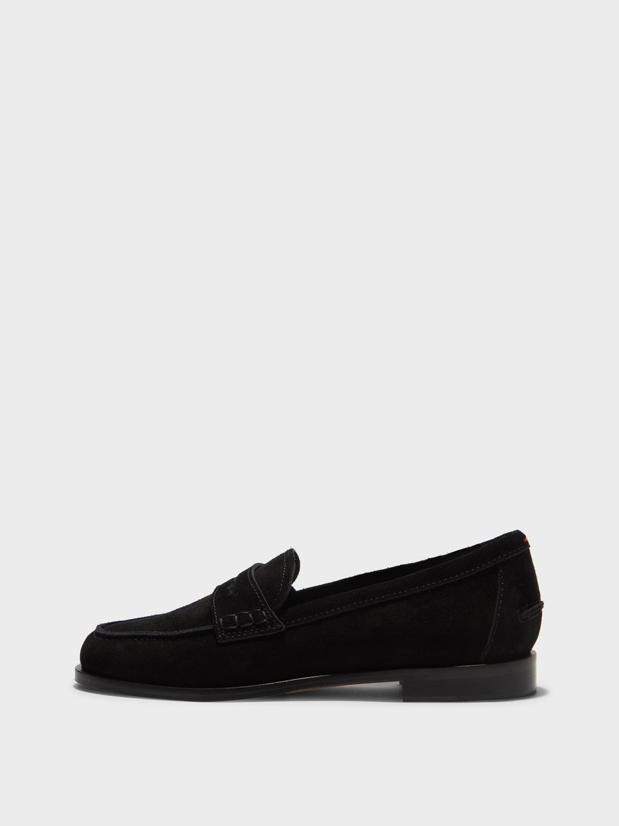 Aeyde | Oscar Leather Flats for Women | Black Suede | Round Toe | Flat Heel | Side View [x=50,y=85]