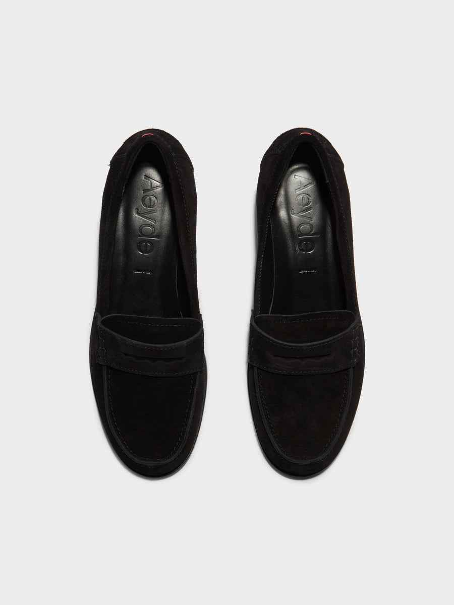Aeyde | Oscar Leather Flats for Women | Black Suede | Round Toe | Flat Heel | Front View [x=50,y=85]