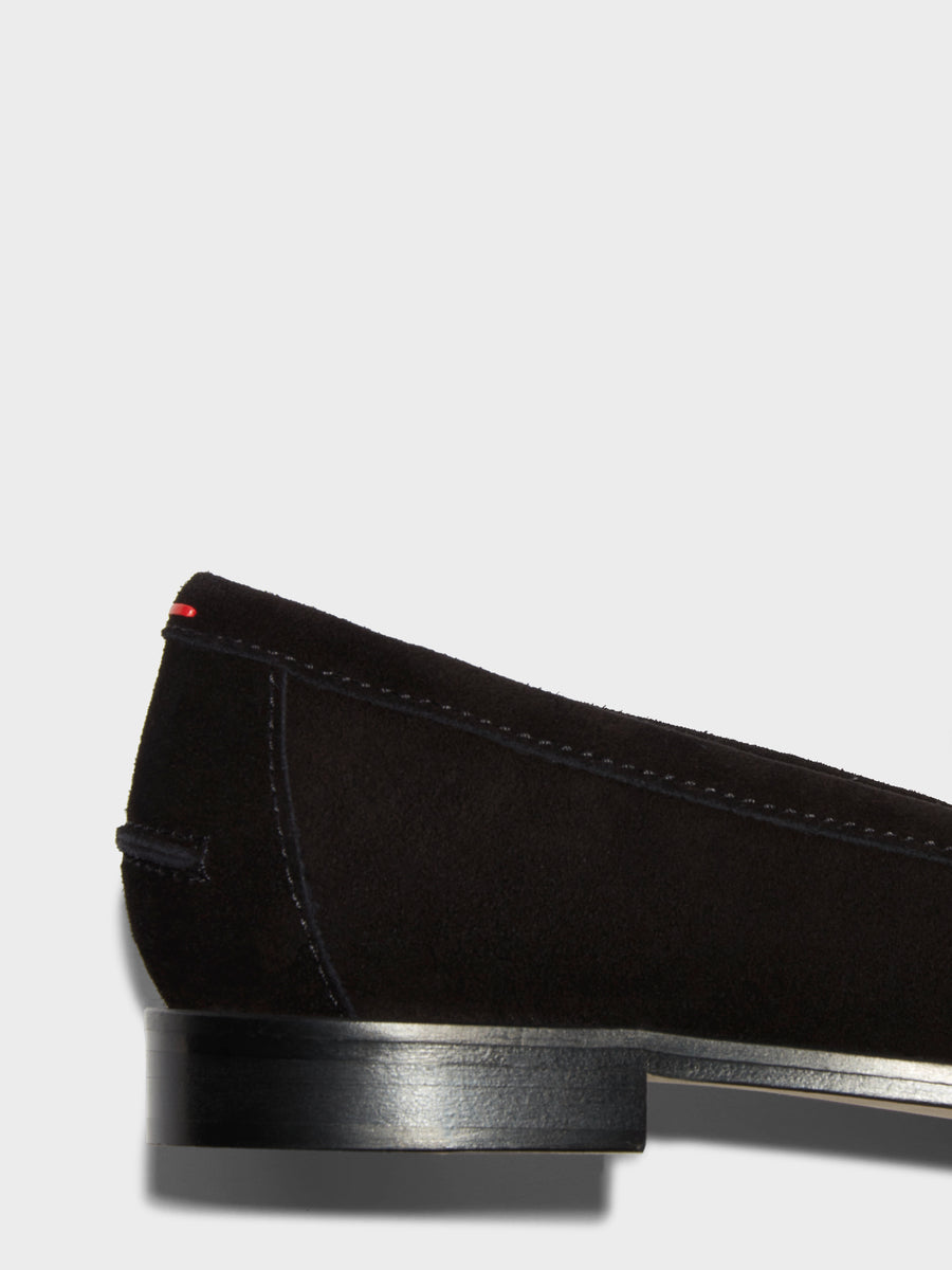 Aeyde | Oscar Leather Flats for Women | Black Suede | Round Toe | Flat Heel | Heel Details [x=50,y=85]
