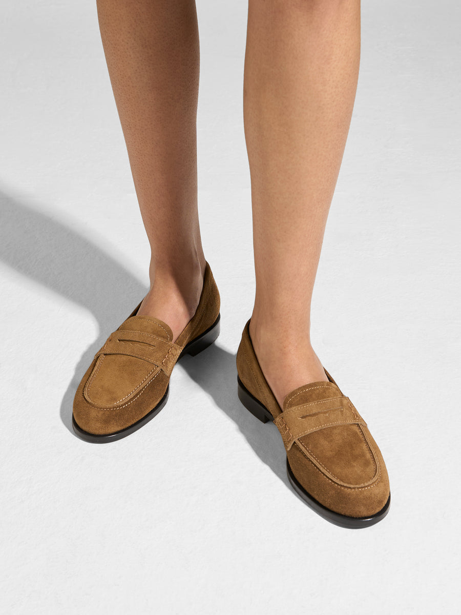 Aeyde | Oscar Leather Flats for Women | Tobacco Suede | Round Toe | Low Heel | On Feet