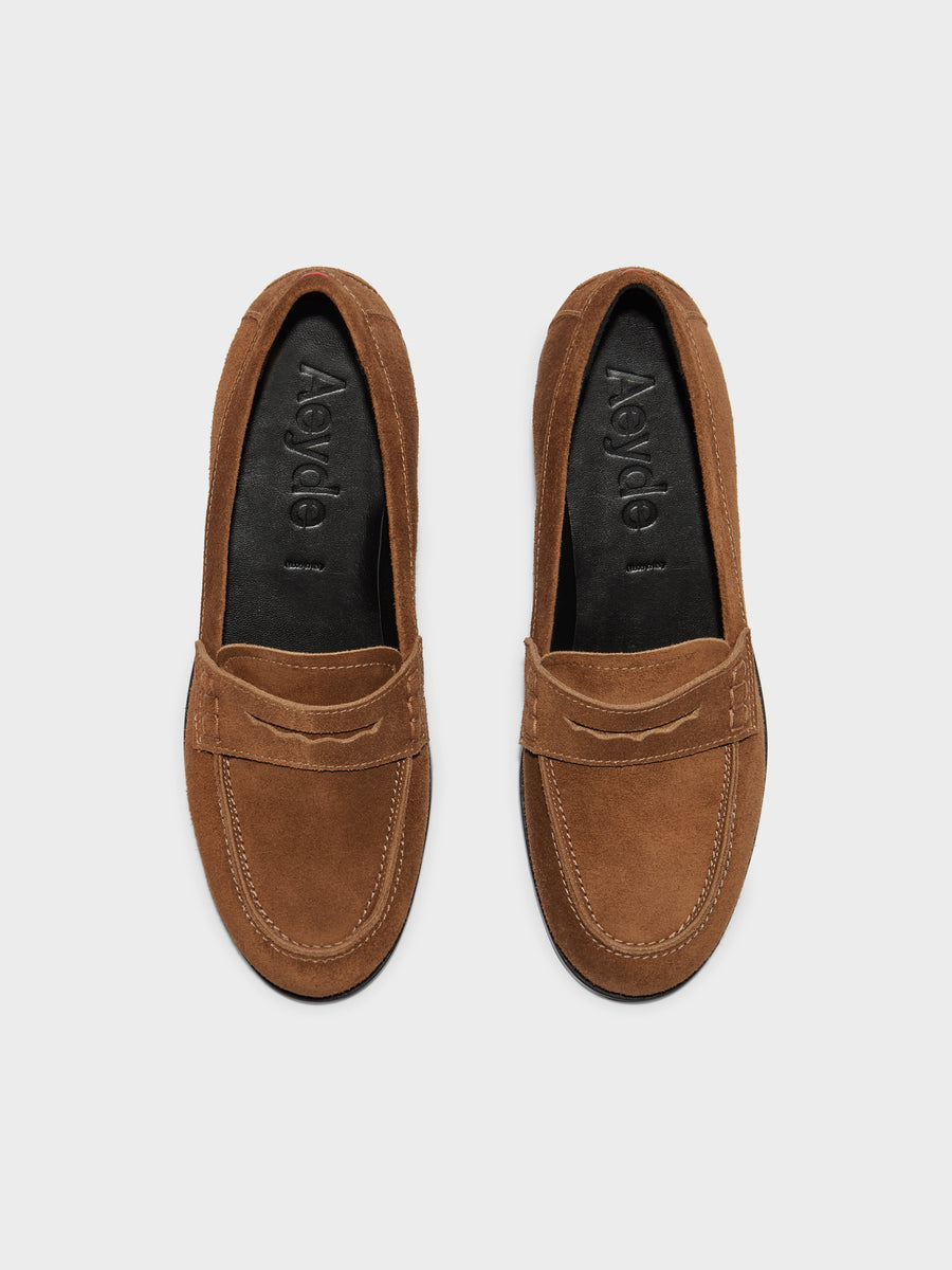 Aeyde | Oscar Leather Flats for Women | Tobacco Suede | Round Toe | Low Heel | Front View