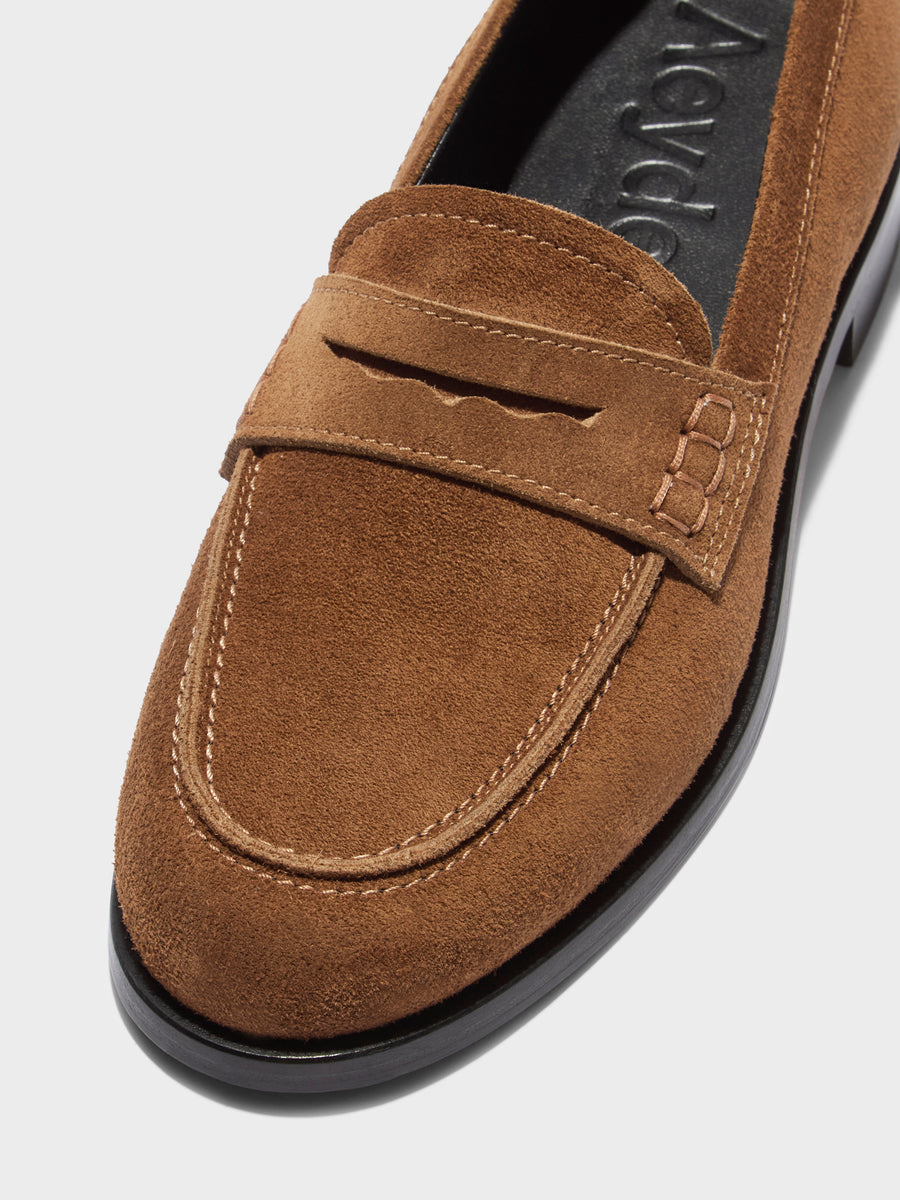 Aeyde | Oscar Leather Flats for Women | Tobacco Suede | Round Toe | Low Heel | Heel Details