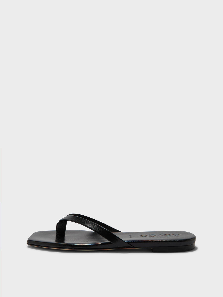 Aeyde | Renee Leather Flat Sandals for Women | Black Nappa | Square Toe | Flat Heel | Side View